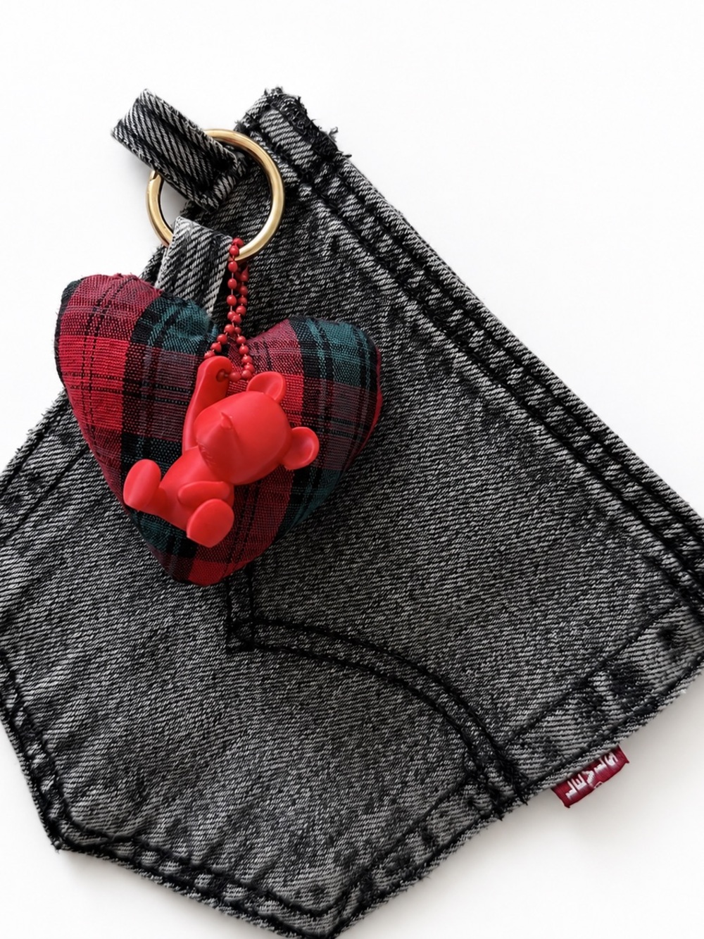OOAK Handmade Upcycled Denim Wristlet Pouch Plaid Heart Bear Charm